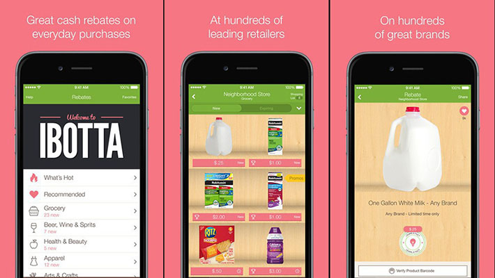 Screenshots of the Ibotta mobile app showcasing groceries